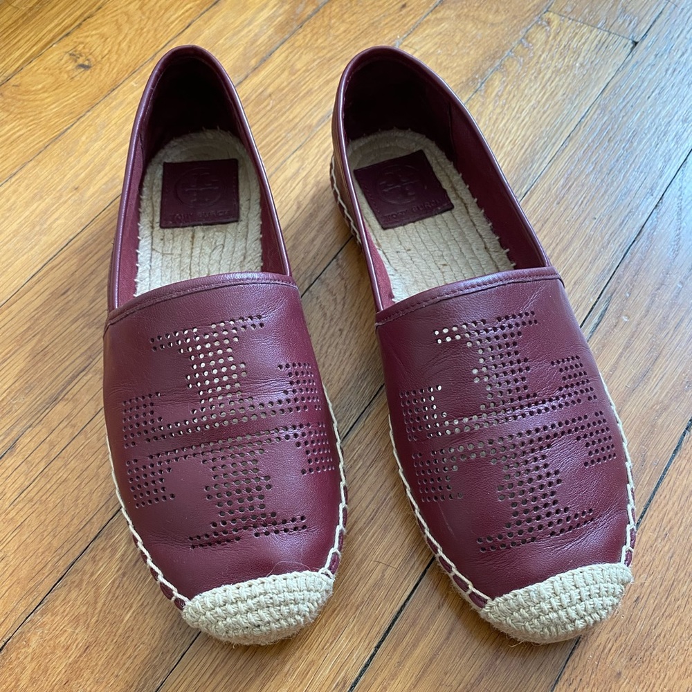 Tory Burch Burgundy Leather Embroidered Espadrille